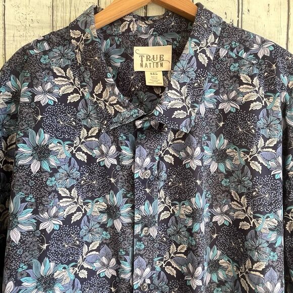 True Nation Mens Button Up Floral Shirt Size 5XL Vacation Beach Casual Blue - Picture 1 of 9